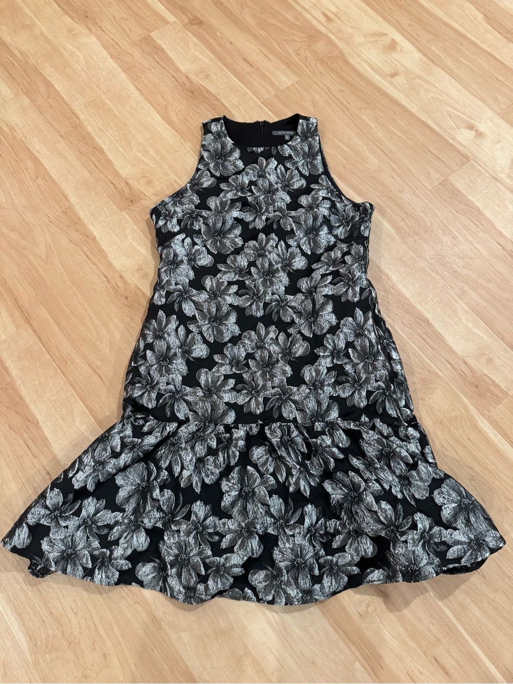 Black Silver Floral Jacquard Midi Sleeveless Formal Peplum Dress Size 12